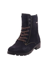 Bottine en suede marine foncé avec des lacets marron, bout rond et coutures contrastées. Équipée d'une semelle en caoutchouc texturé pour une meilleure traction.