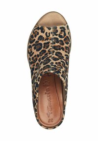 Leopard print open-toe wedge sandal with a soft tan suede finish, brown insole, and embossed brand logo on the footbed.