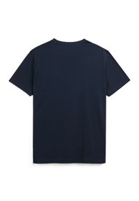 Maglietta di cotone blu navy con maniche corte, scollo a girocollo e una texture liscia. La vista posteriore mostra un design semplice senza grafiche o accenti.