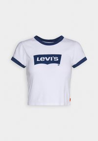 Camiseta corta blanca de algodón, con puños y cuello en estilo ringer de color azul marino. Logo de Levi's en el centro en azul marino.