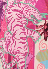 Illustrierte pink- und weiß gestreifte Tiger mit lebendigen Farben und auffälligen Mustern, versehen mit grünen Konturen und tropischen Akzenten.