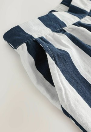 Raidallista kangasta, jossa vuorottelevat tummansininen ja valkoinen väri. Pinnassa näyttää olevan pehmeä rakenne, ja reunoilla on näkyvät ompeleet.