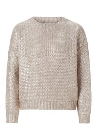 Helles beiges Strickpullover mit lockerer Passform, Rundhalsausschnitt, gerippten Bündchen und metallischen Fäden für einen strukturierten Glitzereffekt.