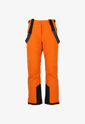 Orange snöbyxor med svarta detaljer, utrustade med justerbara remmar, en mjuk yta och en skräddarsydd passform för vinteraktiviteter.