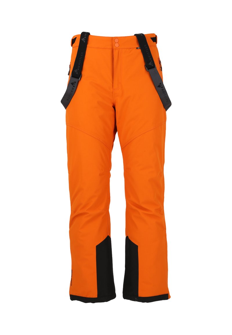 Pantalons de neige orange avec des accents noirs, dotés de bretelles réglables, d'une texture lisse et d'une coupe ajustée pour les activités d'hiver.
