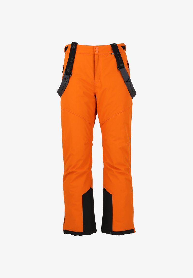Orange snebukser med sorte accenter, der har justerbare stropper, en glat tekstur og en skræddersyet pasform til vinteraktiviteter.