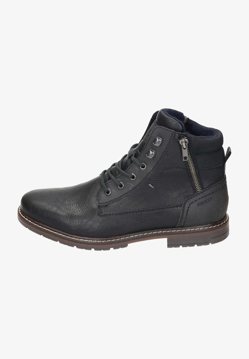 Bottine en cuir noir avec fermeture éclair latérale, lacets à l’avant, col rembourré et semelle cousue marron, adaptée à une tenue décontractée.