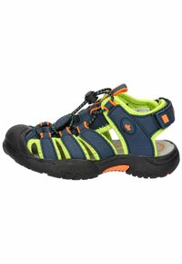 Mornarsko in limetno zelena zunanja sandal s mrežasto zgornjimi deli, gumijastim zaščitnim pokrovčkom za prste, nastavljivimi bungee vezalkami in teksturirano podplatom z oranžnimi poudarki.