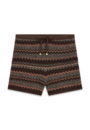 Shorts en maille avec un motif zigzag marron, gris et rouille, taille élastiquée et cordon de serrage avant avec embouts métalliques dorés.