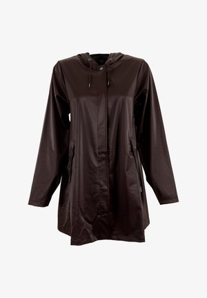 Imperméable marron foncé avec capuche, fermeture à boutons-pression à l'avant, cordons de serrage et poches latérales, présenté sur fond blanc.