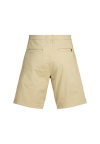 Beige cotton shorts with a straight cut, two rear pockets, and a mid-rise waistband, featuring a stitched hem and discreet branding label.