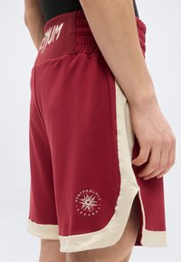 Μπορντό αθλητικό σορτς με μπεζ πλαϊνή λωρίδα, ελαστική μέση και λογότυπο στο τελείωμα. Κατασκευασμένο από λείο, ελαφρύ ύφασμα.