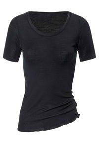 Black short-sleeve t-shirt made of lightweight fabric, featuring a scoop neckline and a slightly curved hem with gathered side detail.