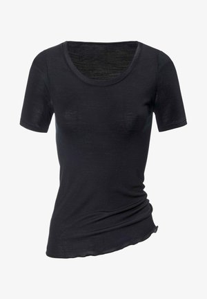 Black short-sleeve t-shirt made of lightweight fabric, featuring a scoop neckline and a slightly curved hem with gathered side detail.
