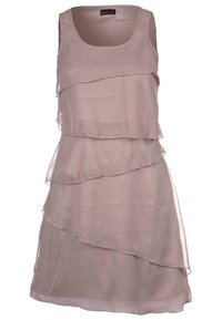 Bezramenné šaty v jemně béžové barvě, vyrobené z vrstvené šifonové tkaniny s měkkou, splývavou texturou a kulatým výstřihem.