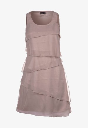 Ärmelloses Kleid in hellem Beige, das aus mehrlagigem Chiffonstoff mit einer weichen, fließenden Textur und einem runden Ausschnitt besteht.