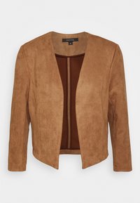 Veste en suédine marron avec un design court, devant ouvert et manches longues, présentant une coupe simple et une texture lisse.