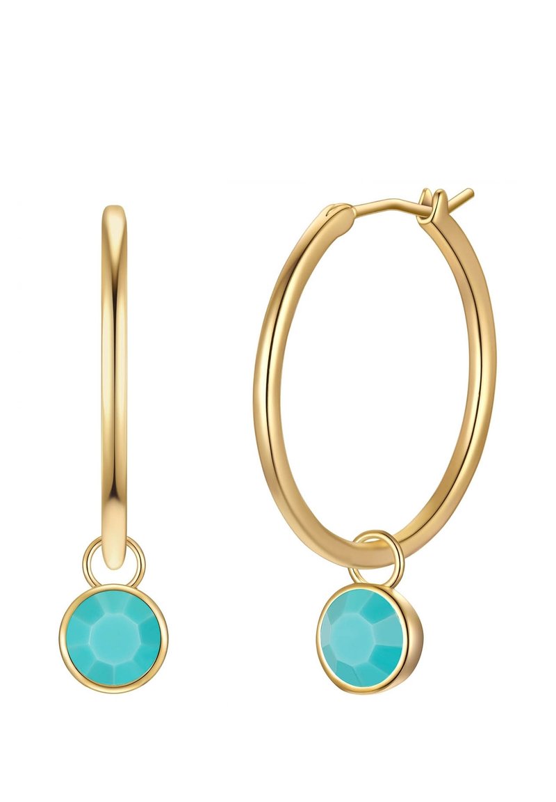 Pendientes de aro de oro con un acabado texturizado, que presentan una piedra facetada de un suave color turquesa suspendida de cada aro.