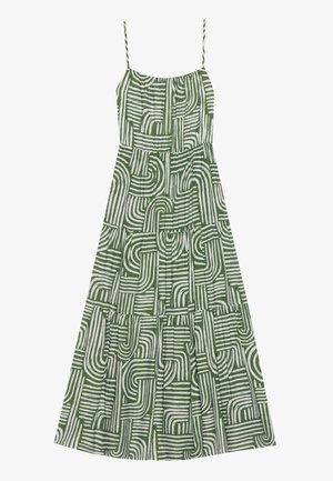 Vestido verde sin mangas con patrones abstractos en líneas blancas, que cuenta con una parte superior fruncida y un diseño de falda en capas, hecho de una tela ligera.