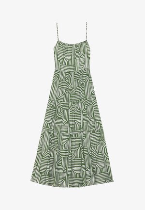 Zöld ujjatlan ruha fehér absztrakt vonalmintákkal, összegyűrt felsőrésszel és réteges szoknyával, könnyű anyagból készült.