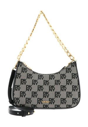 Sac d'épaule à motif logo DKNY noir et gris avec anse chaîne dorée et sangle en cuir noir réglable.