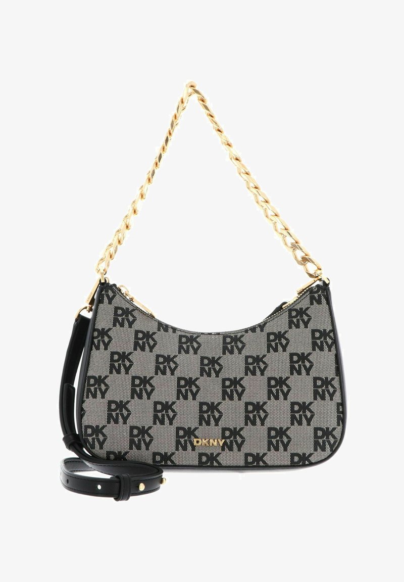 Sac d'épaule à motif logo DKNY noir et gris avec anse chaîne dorée et sangle en cuir noir réglable.
