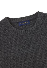 Dunkelgrauer Strickpullover mit strukturierter Oberfläche. Verfügt über einen gerippten Rundhalsausschnitt und ein blaues Etikett mit der goldenen Aufschrift "PIOMBO".
