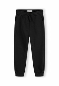 Fekete jogging nadrág elasztikus derékkal, húzózsinórral, oldalzsebekkel és bordázott szegéllyel, fehér háttéren elterítve.