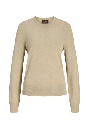 Maglione lungo beige in maglia con scollo tondo e polsini e orlo a coste, con etichetta JJXX sul collo.
