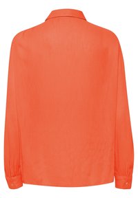 Langärmlige orange Bluse mit knöpfbaren Manschetten und klassischem Kragen, von hinten auf einem schlichten weißen Hintergrund gezeigt.