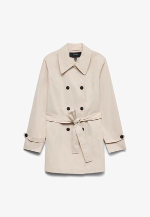 Trenci bej cu două rânduri de nasturi negri, curea legată în talie, guler lat și manșete cu nasturi.