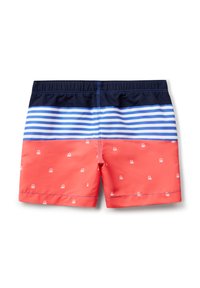 Costume da bagno con parte superiore a righe blu navy e blu, e parte inferiore corallo decorata con piccoli motivi di polpo bianchi. Include una vita elastica.