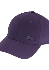 Purple baseball cap with a curved visor, smooth texture, and a slight sheen. Features a rectangular metal accent with logo.