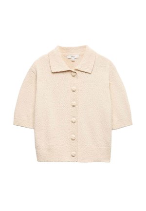 Beige strikket cardigan med korte ærmer og tekstur, med krave, seks stofbetrukne knapper foran og ribstrikkede manchetter og kant.