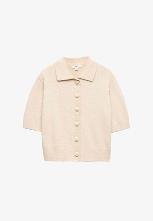 Beige geaderd gebreid kortarmig vest met een kraag, zes met stof bedekte knopen aan de voorkant, en geribbelde manchetten en zoom.