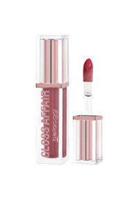 Tubo di lucidalabbra mauve-rosa lucido con tappo trasparente, bastoncino applicatore che mostra la punta del rossetto accanto al contenitore chiuso.