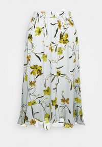 Floraler Midirock aus hellblauem Stoff mit grünen und braunen Blumenmustern, elastischem Bund und Rüschensaum.