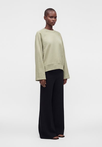 Personne debout dans une posture neutre, portant un sweatshirt ample vert clair et un pantalon noir à jambes larges sur fond blanc uni.