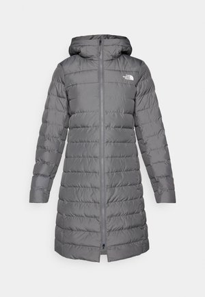 Gray puffer coat with hood, featuring a zip front, vertical quilted pattern, and logo accent on the left chest.