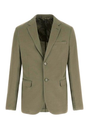 Blazer pour homme vert olive avec revers crantés, deux boutons à l'avant, deux poches à rabat et une poche poitrine passepoilée, présenté sur un fond blanc.