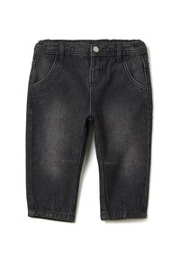 Pantalones vaqueros negros para niño pequeño con cinturilla elástica, bolsillos frontales y cierre de botón, con un ligero desgaste en los muslos y las rodillas.