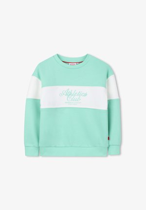Sweat-shirt vert menthe et blanc à col rond avec le texte "Athletics Club" sur la poitrine, poignets et ourlets côtelés, étalé à plat sur un fond blanc.
