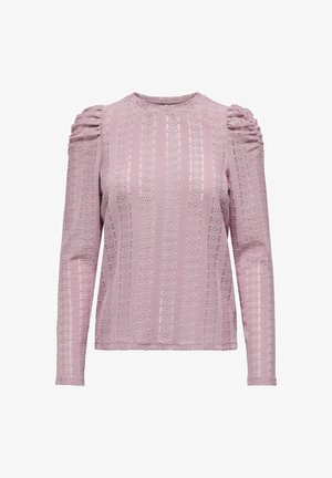 Lichtpaarse blouse met lange mouwen, voorzien van textuur met verticale bloemenlacemotieven en subtiele opgeblazen schouders.