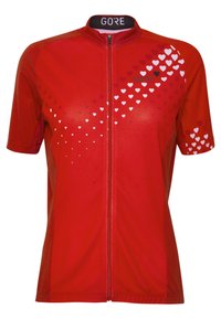 Czerwona rowerowa koszulka z krótkim rękawem z pełnym zamkiem z przodu. Posiada gradientowy wzór serc w kolorach białym, różowym i czarnym. Wykonana z materiału siatkowego.