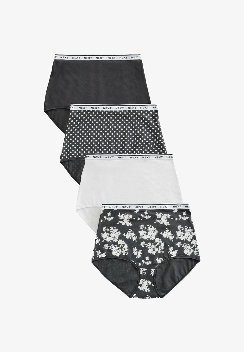 Quatre paires de sous-vêtements féminins taille haute en noir, noir à pois blancs, blanc et noir à motifs floraux blancs, chacun avec une ceinture blanche.