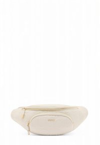 Banane couleur crème avec motif de logo embossé, ferrures en or, une grande poche principale zippée et une petite poche zippée à l'avant.