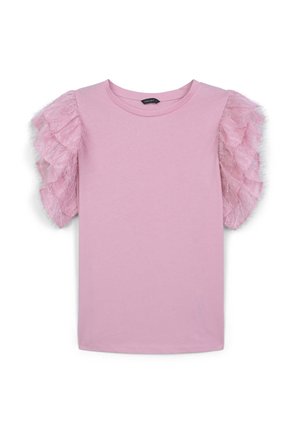 T-shirt rosa con maniche corte trasparenti arricciate. Tessuto in cotone morbido. Collo a giro, vestibilità rilassata e design senza cuciture.