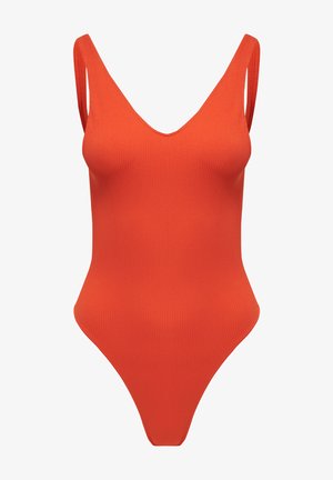 Ribbed jednoczęściowy strój kąpielowy w intensywnym pomarańczowym kolorze. Posiada głęboki dekolt w kształcie V, szerokie ramiączka oraz konstrukcję z wysokim krojem nogawki, co zapewnia smukły wygląd.
