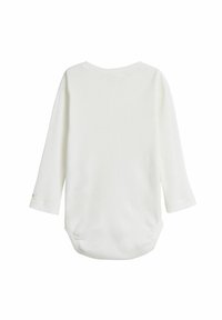 Biały bodysuit z długim rękawem wykonany z żebrowanej tkaniny. Prosty design z okrągłym dekoltem i napami na dole ułatwiającymi zakładanie.