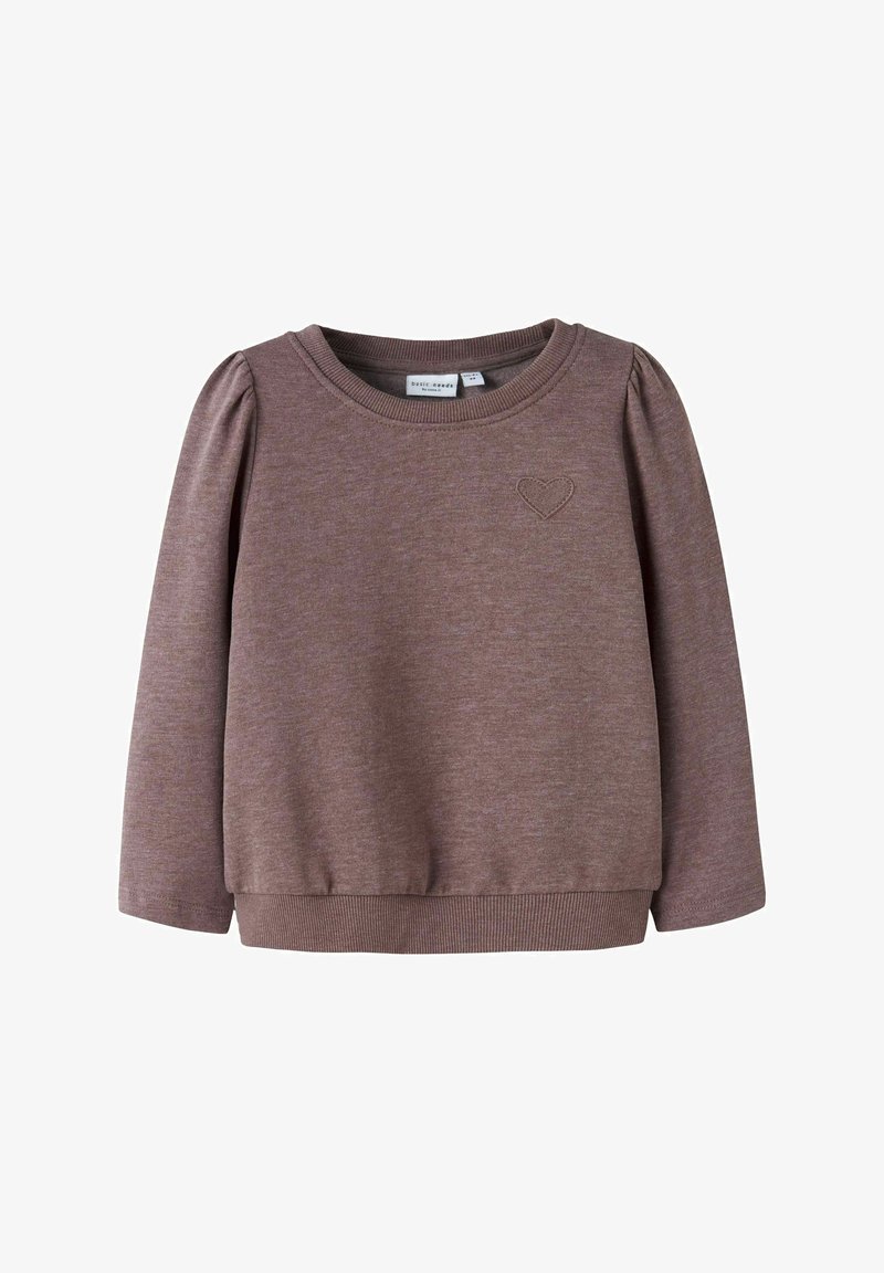 Laste pikkade varrukatega mauve-ronkadega dressipluus, ümar kaelus ja rinnal väike tikitud südame detail.